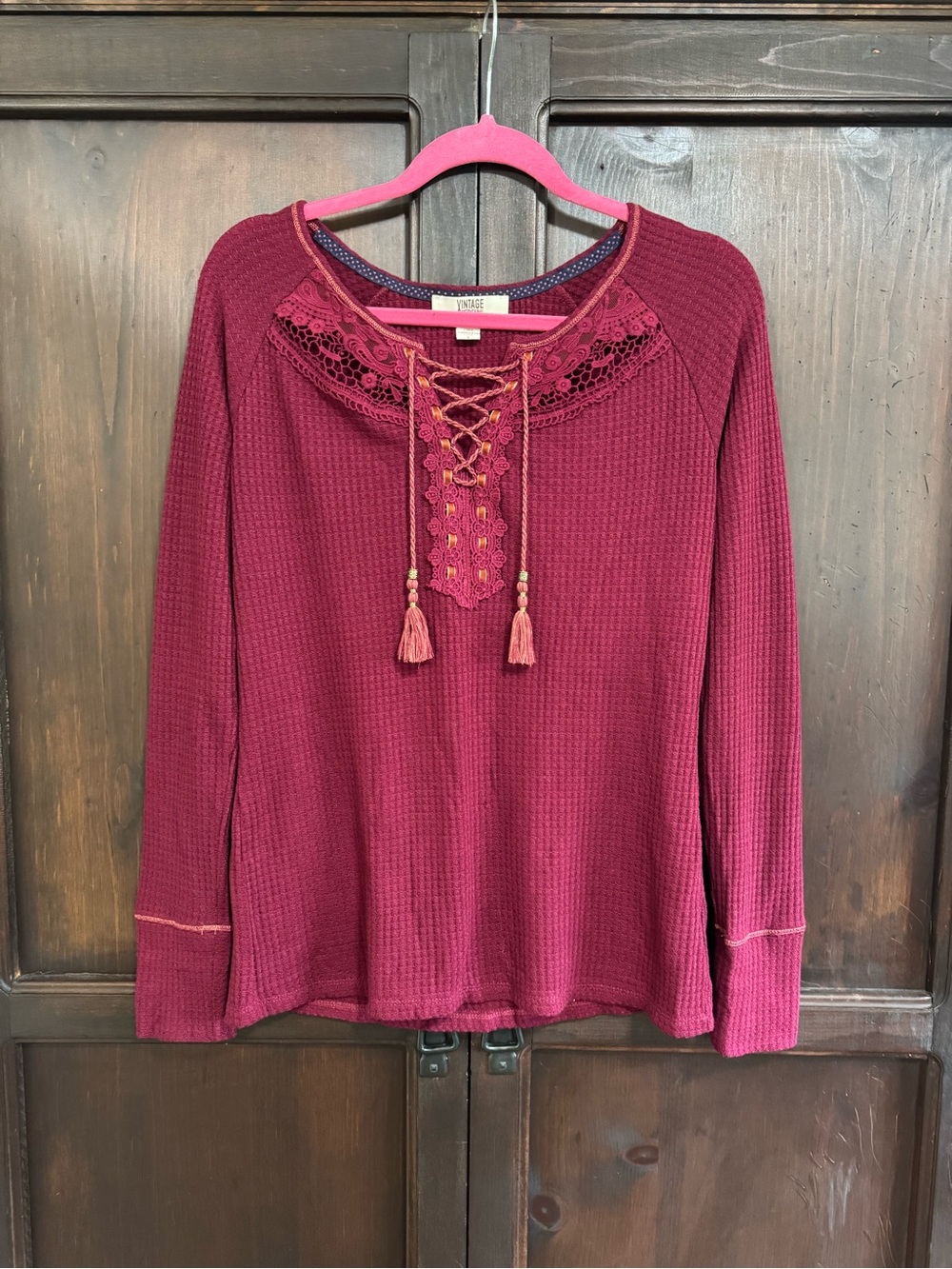 Vintage America Lace-Up Thermal Top  Burgundy Size Large Cozy Cottagecore